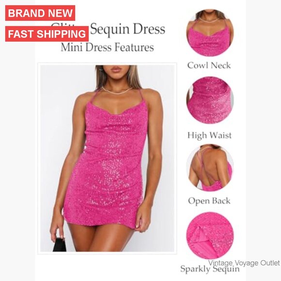 Sequin Bodycon Mini Dress Sleeveless Backless Party Club Night Out - Picture 4 of 6